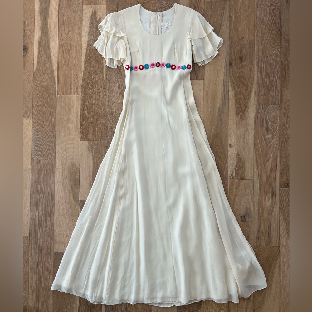 Vintage Floral Embellished Flutter Sleeve Maxi Dress